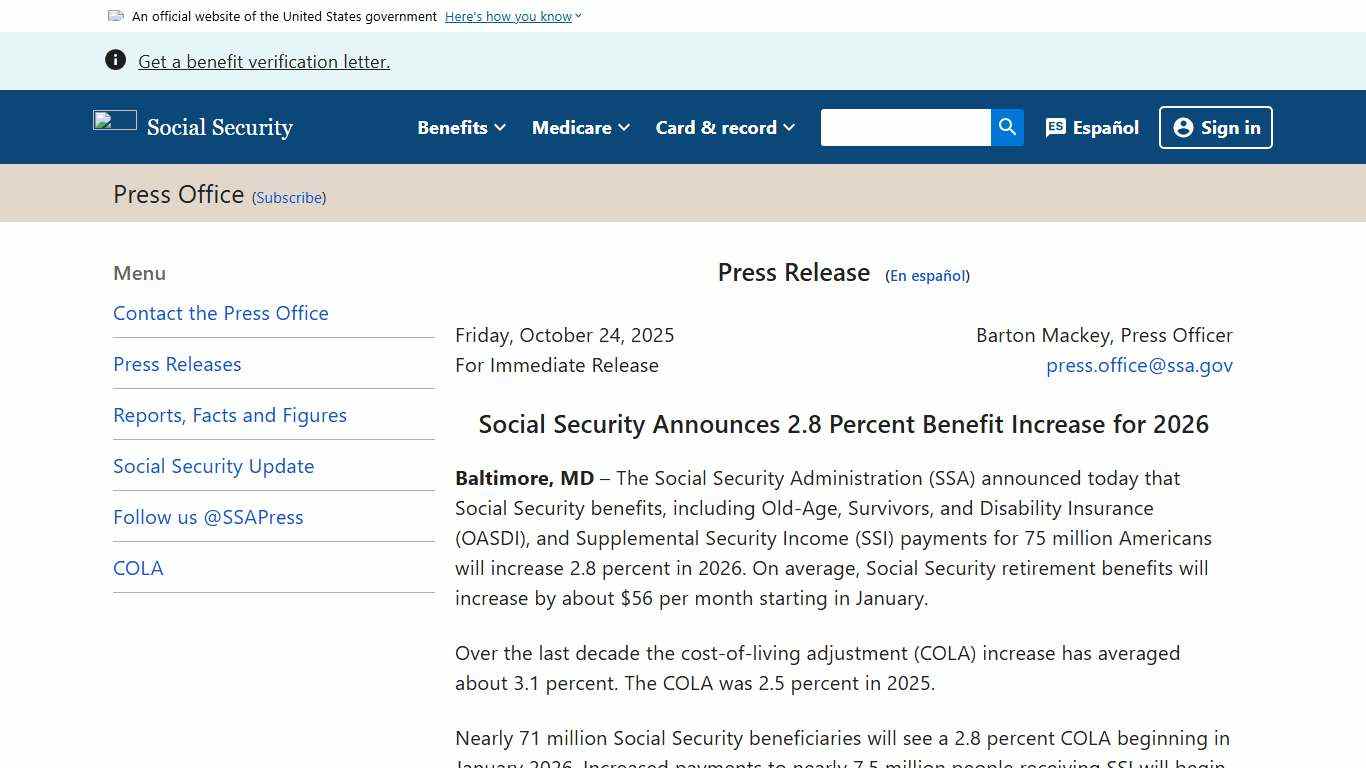 Social Security Announces 2.8 Percent Benefit Increase for 2026 News SSA